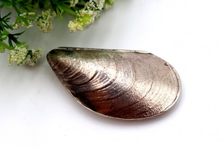 Caixa de comprimidos em prata em forma de mexilhão com relevos